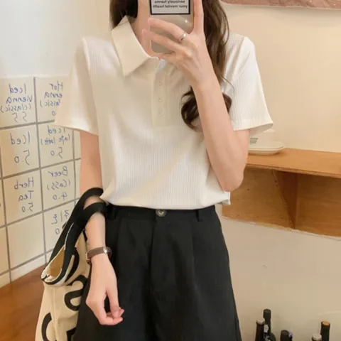 (리빌모아) 여자 데일리 골지 카라 반팔 셔츠 JSW-SHH-SP0000CDW-흰색