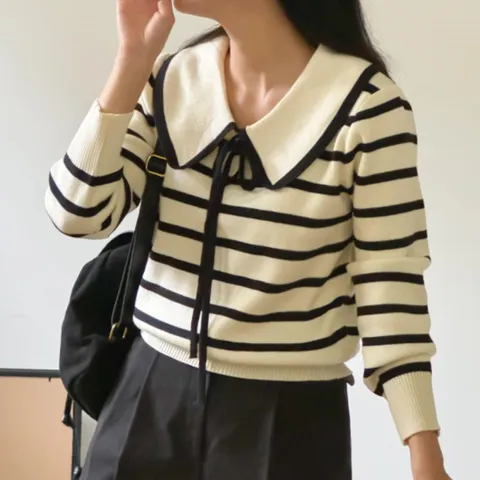 (옷자락) 여자 롱슬리브 귀여운 FW 리본 세일러카라 줄무늬 니트
