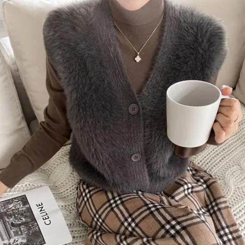 (유야) 여성 단추 브이넥 퍼 조끼 밍크 베스트 -FVE0028- 겨울