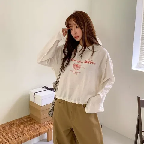 (옷자락) 여성 린넨 레터링 밑안스트링 오버핏 긴팔 맨투맨