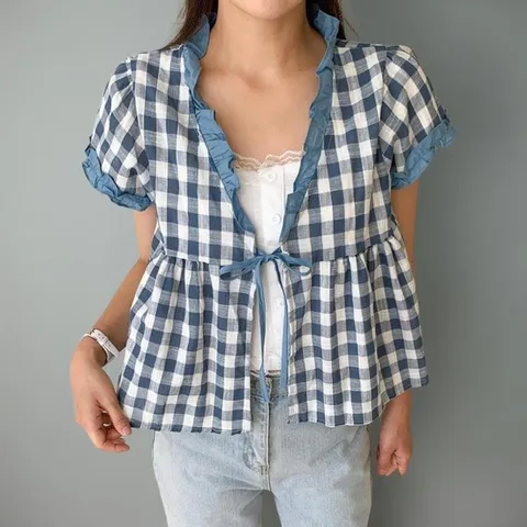 여성 린넨 체크 프릴 스트랩 반소매 블라우스