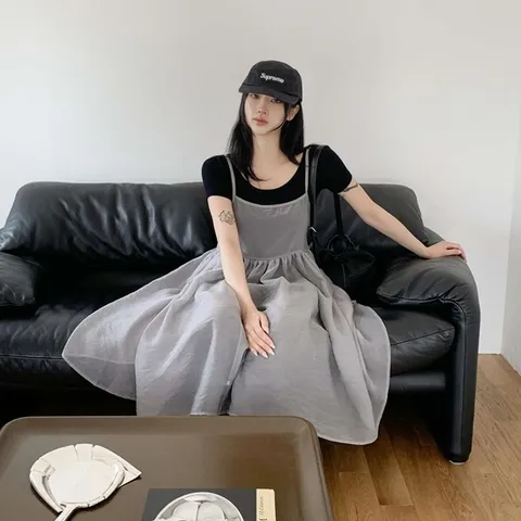 (옷자락) 여성용 시스루 레이어드 플레어 미니 원피스