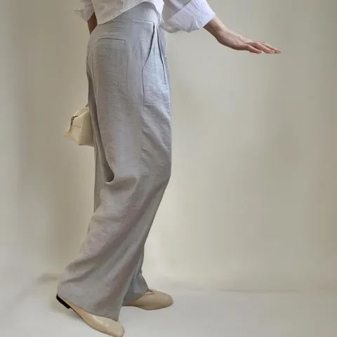 여성 린넨 더블 핀턱 세미와이드 슬랙스 무지컬러 팬츠