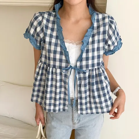 여성 체크 프릴 스트랩 반팔 린넨 블라우스