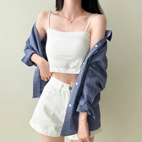 (드레스날다) 키스탄 탱크탑 스판 캡내장 크롭 끈나시 티셔츠