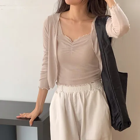 (드레스날다) 부르크 찰랑 물결 셔링 브이넥 나시 가디건 세트