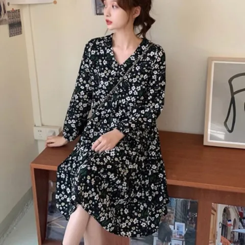 플라워 캉캉원피스 에이라인 세미루즈핏 보헤미안 긴팔