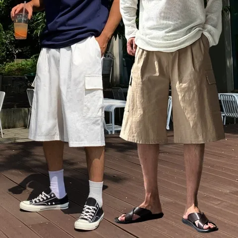 할렌 남자 리넨 린넨 버뮤다 와이드 카고 밴딩 팬츠