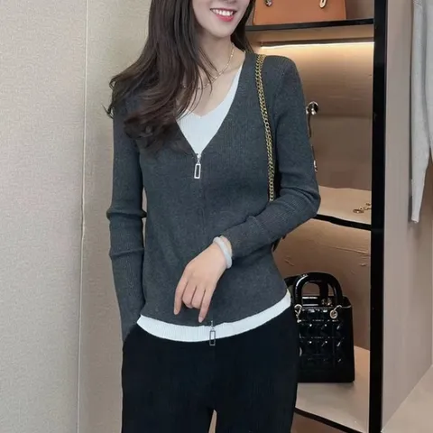 여성 가디건 티셔츠 세트 디자인 슬림핏 긴팔 니트티 (WE3D15A)