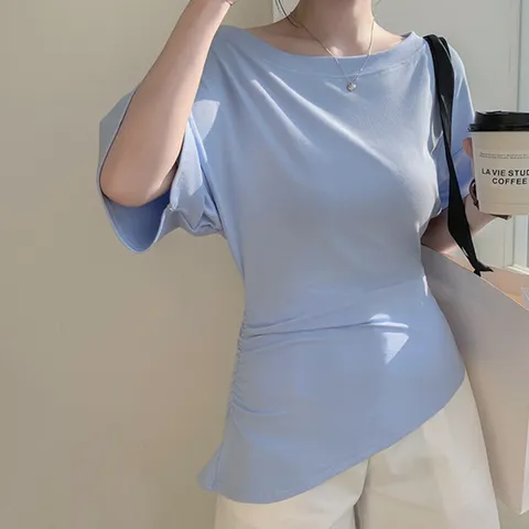 (무드무드) 에릴 셔링 언발 반팔 티셔츠