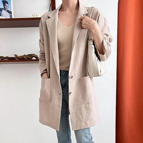 카라 주머니 린넨 하프 긴팔 마 자켓 코디 재킷 룩