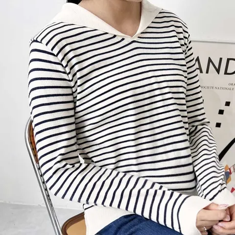 세일러 스타일 단가라 패턴 니트 긴팔 티셔츠 (WE05947)