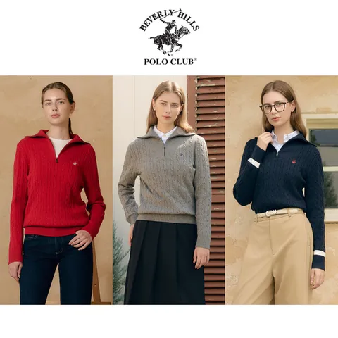 25FW 비버리힐즈폴로클럽 여성 울 블렌디드 반집업 케이블 니트 3종