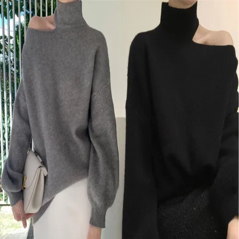 여성 한쪽 어깨 트임 오프숄더 터틀넥니트 벌룬 소매 (WDC768E)