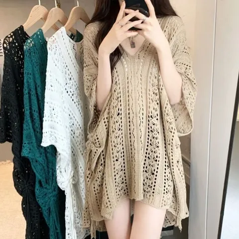 여성 레이스 시스루 그물 니트 커버업 아우터 해변 박 (WF99A3C)