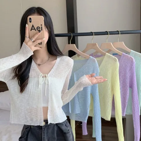 러블리 골지 짜임 패턴 시스루 리본끈 가디건 (WF8CE87)