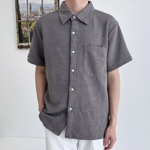 포켓 남자 반팔셔츠 가로줄 여름 남성 반팔 남방 셔츠 (WF091F8)