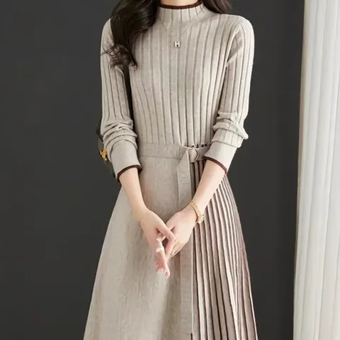 여성 겨울 플리츠 포인트 울 니트 원피스