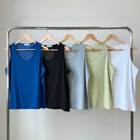 여성 여름 파란색 무지 코튼 유넥 나시