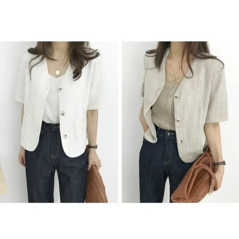 여성 여자 캐주얼 코디 카라 없는 윗도리 린넨 자켓 (WDB9A53)