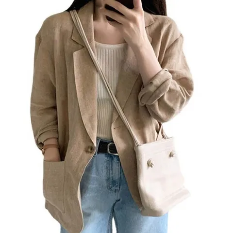 기본핏 원버튼 린넨 자켓 여성 포켓 포인트 진베이지 (WBFBBE8)