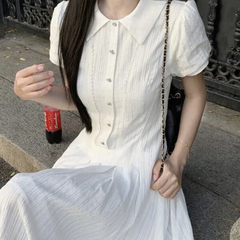 드퓨젼 퓨어 카라넥 퍼프 슬리브 롱 원피스
