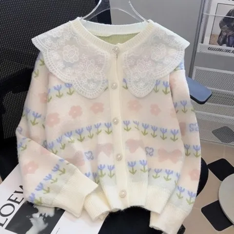 다잇템 여자 할머니 레이스카라 그런지 봄가을 꽃무늬 가디건_17070851_588872