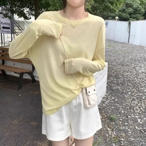 다잇템 여자 SS 비침 마원단 빅사이즈 롱슬리브 옐로우 티셔츠_17143356_588872