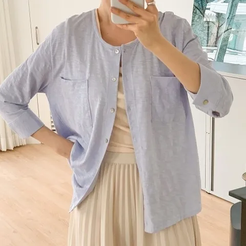 다잇템 여자 하늘색 칠부 페미닌 더블포켓 U넥 코튼 가디건_16684656_588872