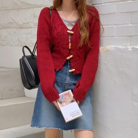 (다잇템) 다잇템 여성 V넥 토글 FW 롱슬리브 꽈배기 스웨터 떡볶이 가디건_14271508_588872