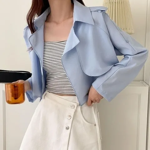 (브이와이) VY 여자 봄여름 망토 카라넥 어깨견장 숏트렌치 자켓_12842091_588847