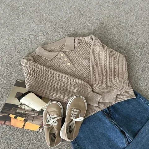 (브이와이) VY 여자 미니멀리즘 스웨터 데일리 롱슬리브 카라넥 꽈배기 캐쥬얼 티셔츠_11086173_588847