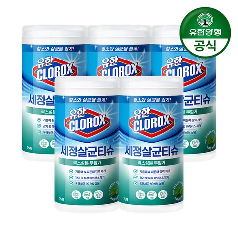 유한락스 세정살균티슈 후레쉬 센트 75매 5개