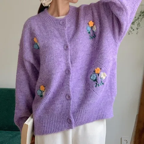 여자 러블리 플라워 자수 스카시 라운드 울니트 가디건