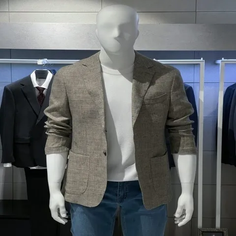 (트루젠) 남성 봄 여름 이태리수입 베이지체크 린넨(마) 기본핏 콤비 비지니스 캐