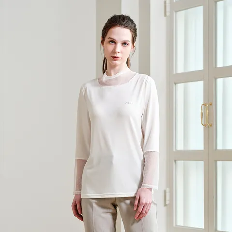 (마담엘레강스) 마담엘레강스 헤이린 메쉬 배색 블라우스 K252BL06