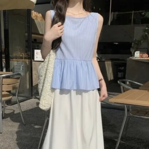 (다잇템) 다잇템 여성 베이직 슬리브리스 핀턱 후레아 단가라 블라우스_21557942_588872