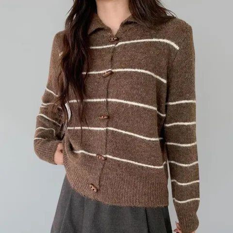 (옷자락) 여성 심플 스트라이프 두꺼운 카라넥 니트 가디건