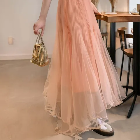 (디자이너몰) 여성 여리핏 쉬폰 플리츠 밴딩 롱 여름 치마