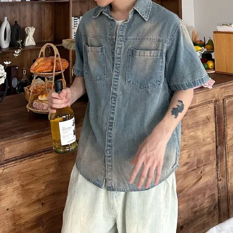 (노프라브럼) 남녀공용 여름 썸머 오버핏 반팔셔츠 데님셔츠 2컬러