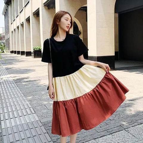 (모노무드) 모노무드 배색 커플시밀러룩 A라인 반팔 원피스
