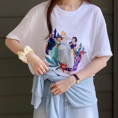 (신상오픈런) |CST940F|여성 공주 프린트 오버사이즈 트윈룩 여름 면 반팔 티셔츠_21886746_597559