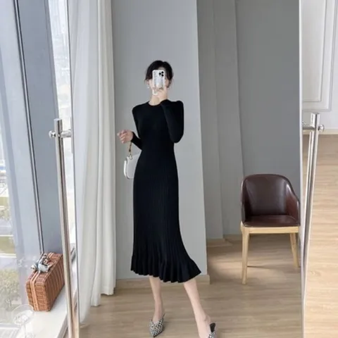 (모노무드) 모노무드 하객룩 데이트룩 파티룩 니트 골지 레이스 롱원피스