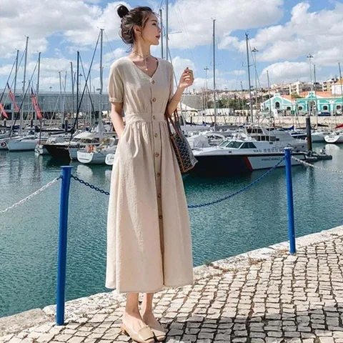 (모노무드) 모노무드 LL-D111 여성 휴가 브이넥 롱셔츠원피스 데일리 깔끔