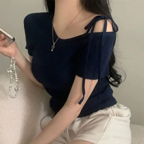 (모노무드) 모노무드 오프숄더 리본 디자인 썸머 니트 반소매 티셔츠 여름 블라우스