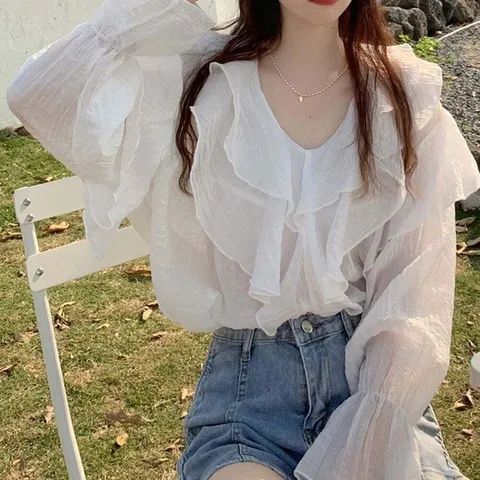 (모노무드) 모노무드 이중카라 프릴 블라우스 브이넥 A라인 밑단곡선 2컬러