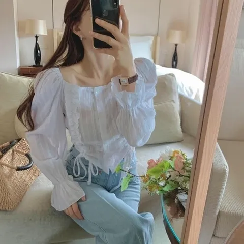 (신상오픈런) |KSH30C9|에툴루 매듭 프릴장식 여성 공주 발레 블라우스 스퀘어_18157253_597559