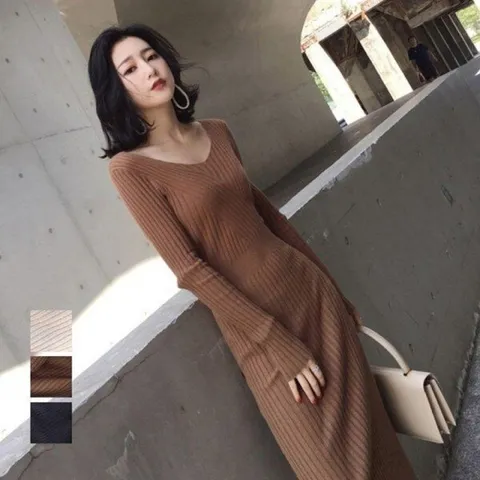 (모노무드) LMO 동절기 V넥 핏감좋은 립 울탑 맥시 원피스룩 V넥 스커트맥시드