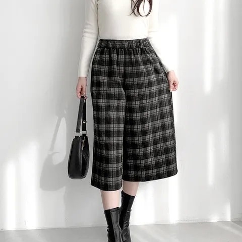 여자 8부 체크팬츠 와이드핏 링벨트 밴딩 겨울 바지