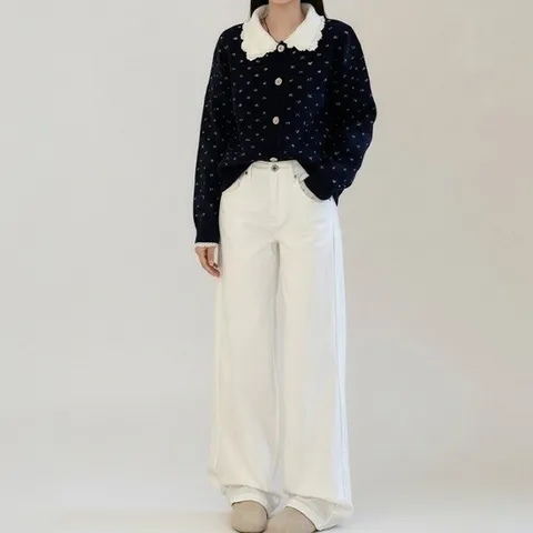 (핑크엘리제) 도트 진주버튼 레이스 팬츠 셋업 리에뜨투피스